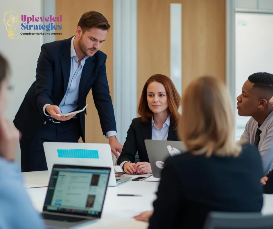Business team in a strategy meeting with laptops, representing bespoke systems and custom growth architecture.