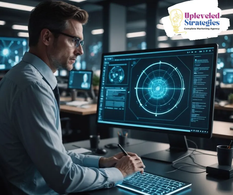 Marketing strategist analyzing CRM and customer data on a digital dashboard, representing database reactivation strategies, lead nurturing automation, and maximizing ROI from existing customer assets.