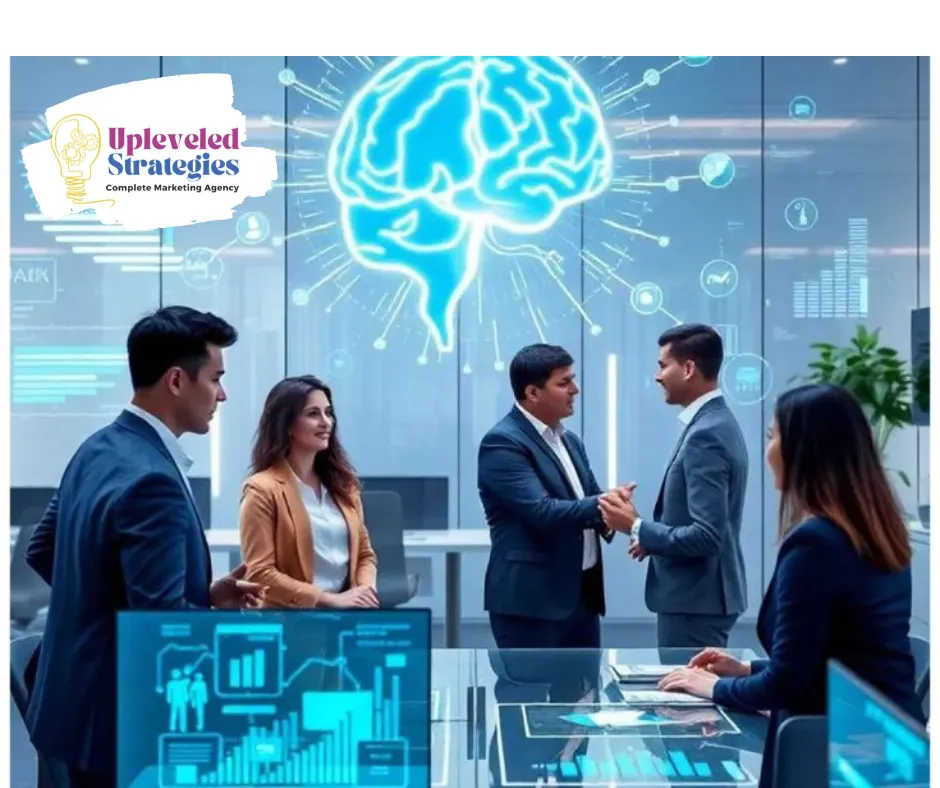 Business professionals in a high-tech meeting room shaking hands, surrounded by digital screens and a brain-shaped data visualization — symbolizing strategic collaboration powered by AI-driven decision-making.