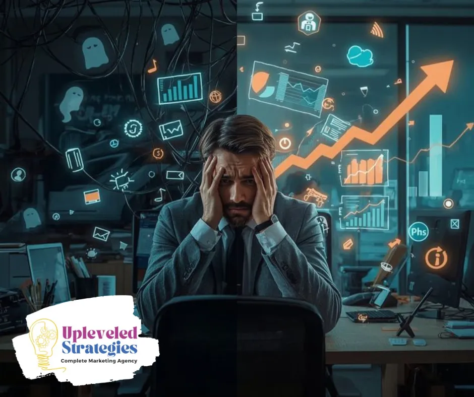 A businessman sits at a desk with his head in his hands, appearing overwhelmed. The left side of the image is dark and cluttered with tangled wires and ghost-like icons. The right side is vibrant, featuring a rising orange growth arrow and bright data visualizations.