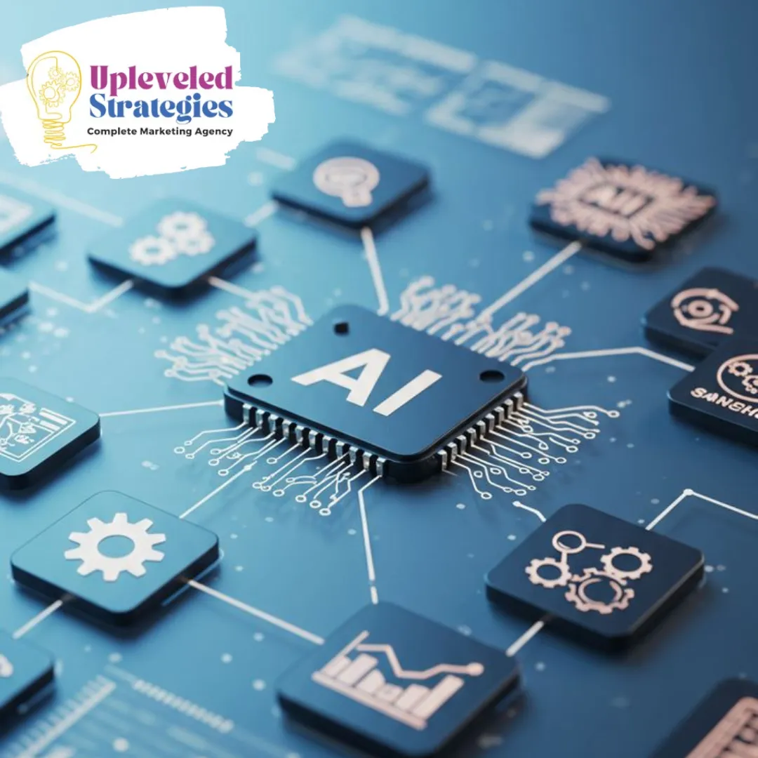 Illustration of an AI microchip connected to multiple business system icons, representing seamless integration of an AI Employee with existing business tools and workflows.