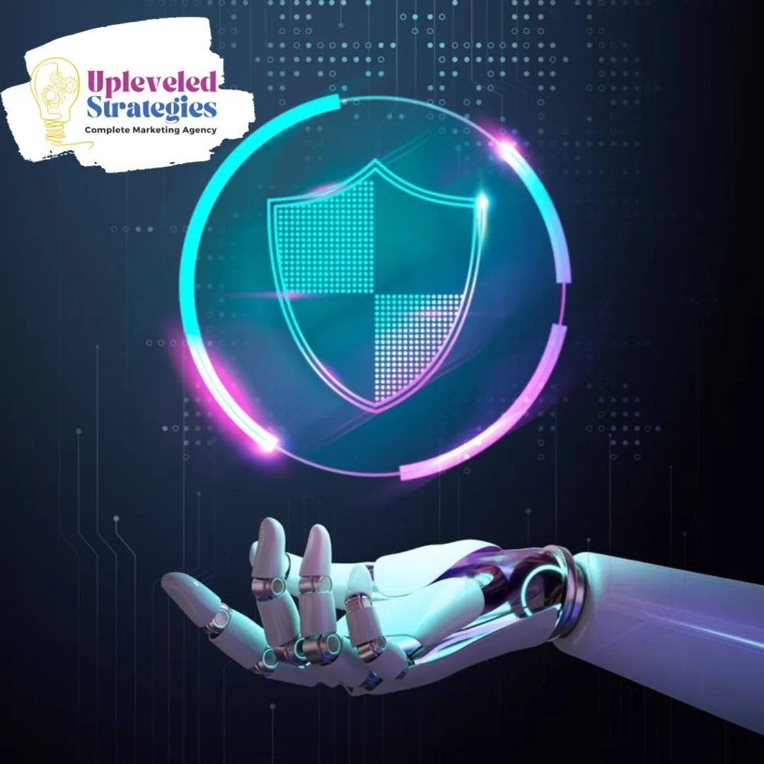 Robotic hand presenting a glowing digital shield, symbolizing secure, reliable, and trustworthy AI automation designed to protect business data and operations.