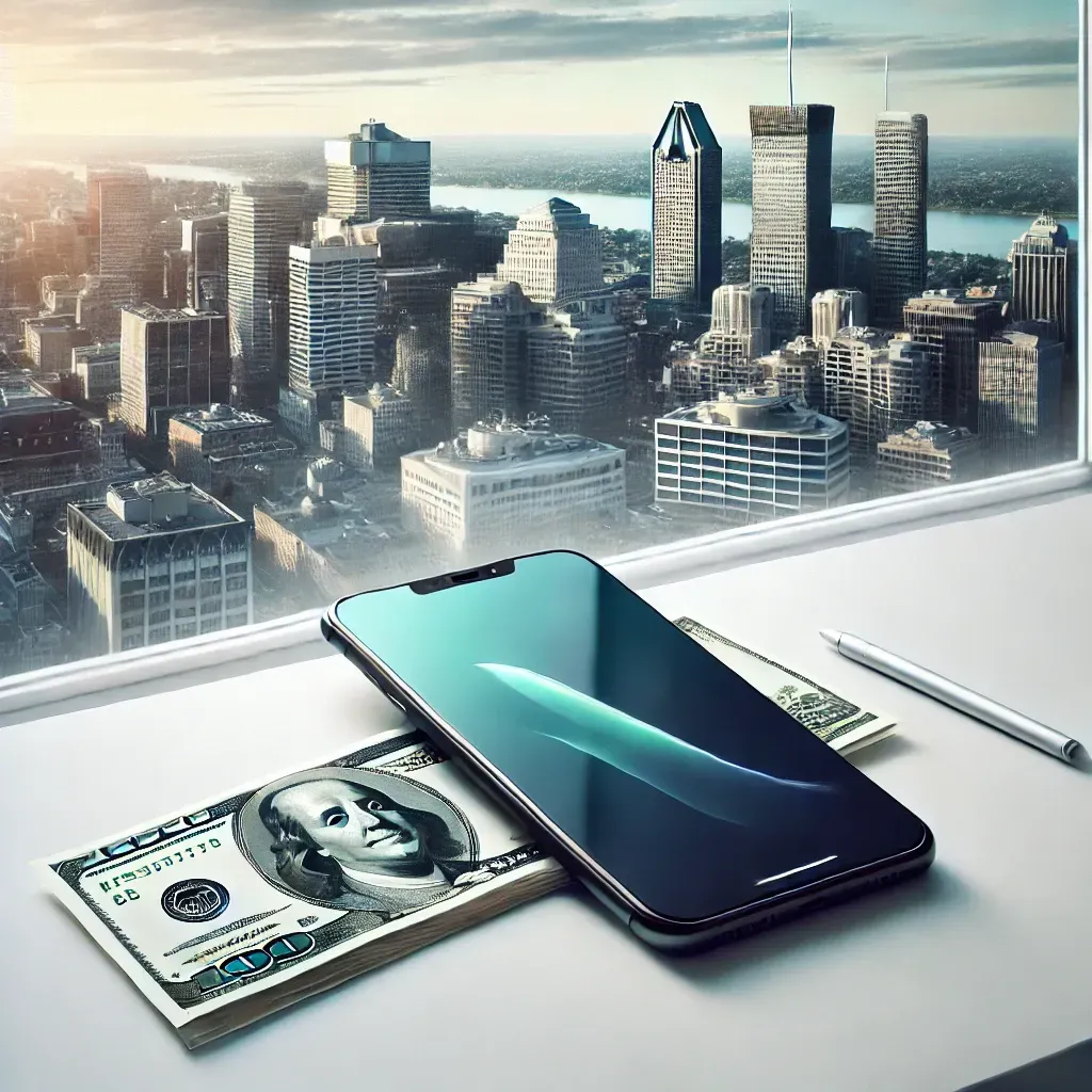 Smartphone and cash placed on a clean table with a view of Montreal's skyline through a window, representing selling your phone locally and conveniently.