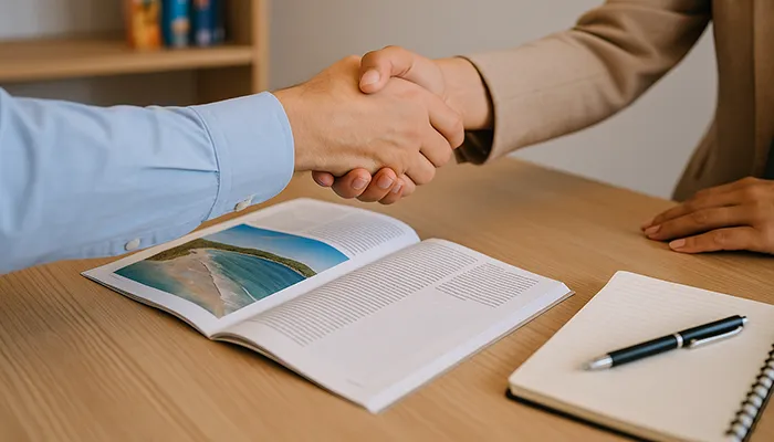 Symbolbild: Handschlag über Reisedokumenten – steht für faire Beratung und partnerschaftliches Vertrauen statt Rückvergütung im Reisebüro