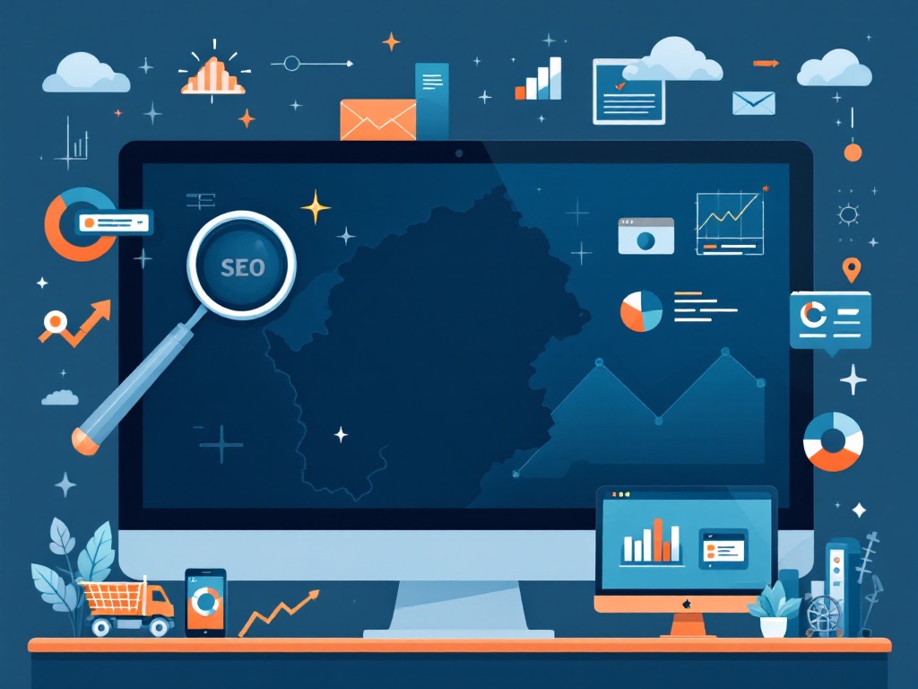Professional image depicting SEO strategies and digital marketing, featuring graphs, charts, a map of Perth, and symbols like a magnifying glass and computer screens displaying analytics, conveying growth and innovation in business