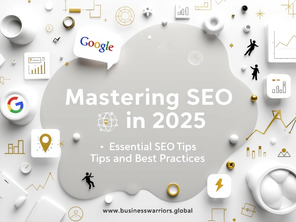 Cover image for the blog 'Mastering SEO in 2025: Essential SEO Tips and Best Practices', featuring modern design elements symbolizing SEO, digital marketing, and future trends.