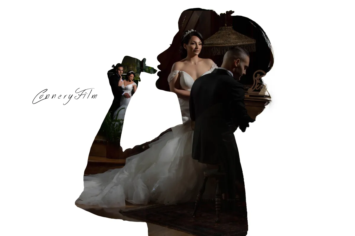 An artistic composite image featuring the silhouette of a woman's head, with various wedding scenes layered inside, including a bride and groom, symbolizing layered memories.
