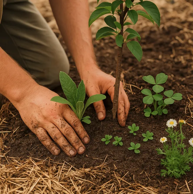 Hands planting in a garden
