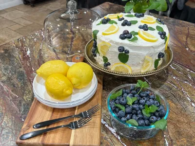 A freshly baked lemon blueberry cake with a butter cream frosting.