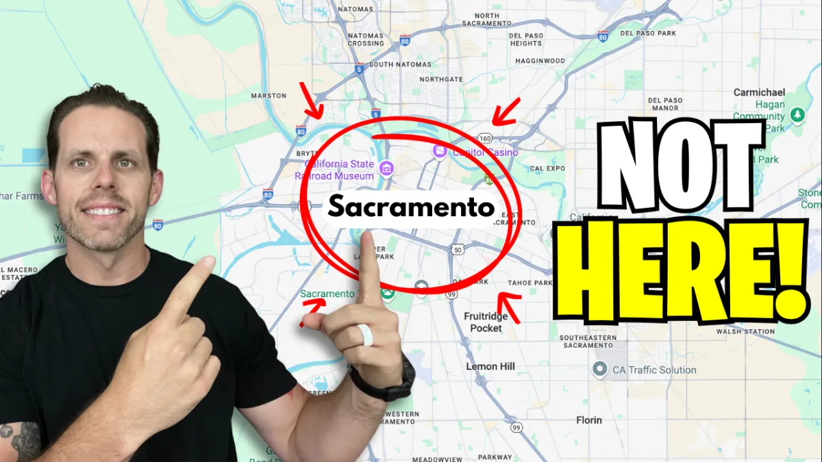 Lance pointing at Sacramento Text on a Map with more text saying Not Here!