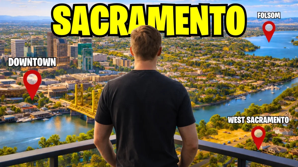 Picture of Lance looking over the Sacramento Skyline with text that says Sacramento