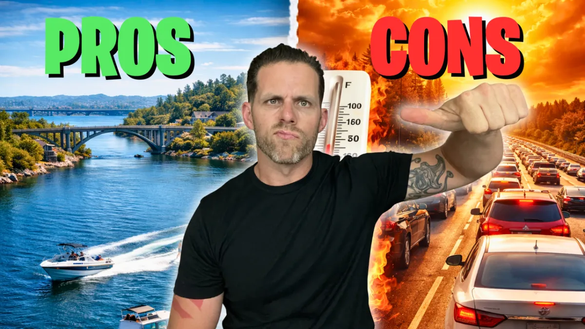 Picture of Lance in front of a lake and traffic with text that says pros and cons