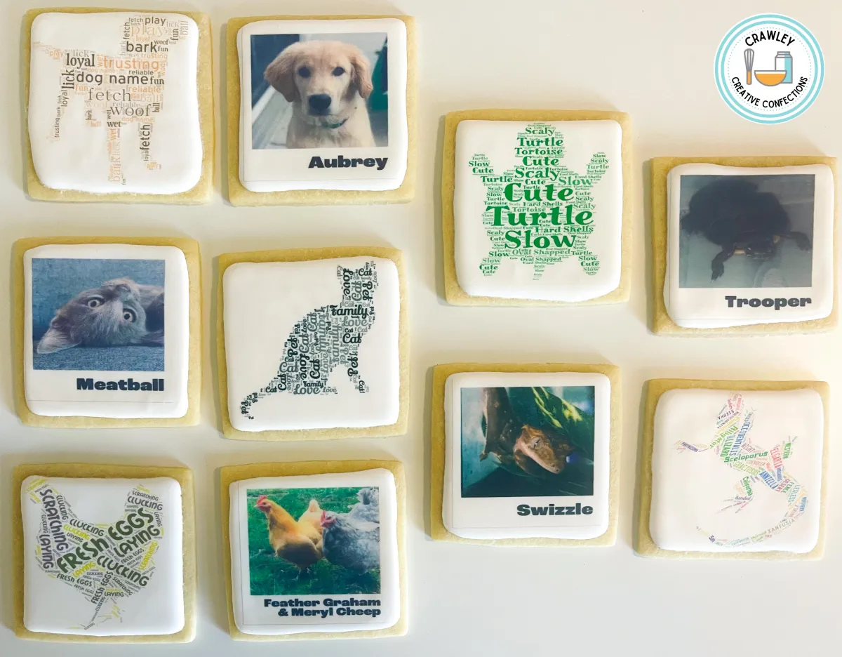 A creative assortment of sugar cookies featuring pet-themed word art and Polaroid-style designs. The cookies include colorful hand-iced cookies resembling Polaroid photos. Each Polaroid cookie showcases a detailed pet portrait with the pet’s name elegantly written beneath, capturing the charm and personality of beloved furry friends.