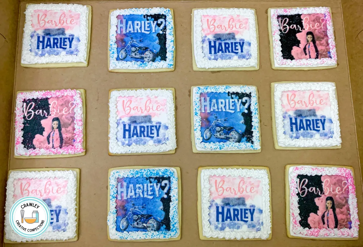 A bold and playful set of sugar cookies for a “Barbie or Harley” gender reveal, featuring edible image printed graphics of Barbie dolls and motorcycles. Each cookie is intricately detailed with pink and black accents, creating a unique and exciting celebration theme that blends glamour and grit.