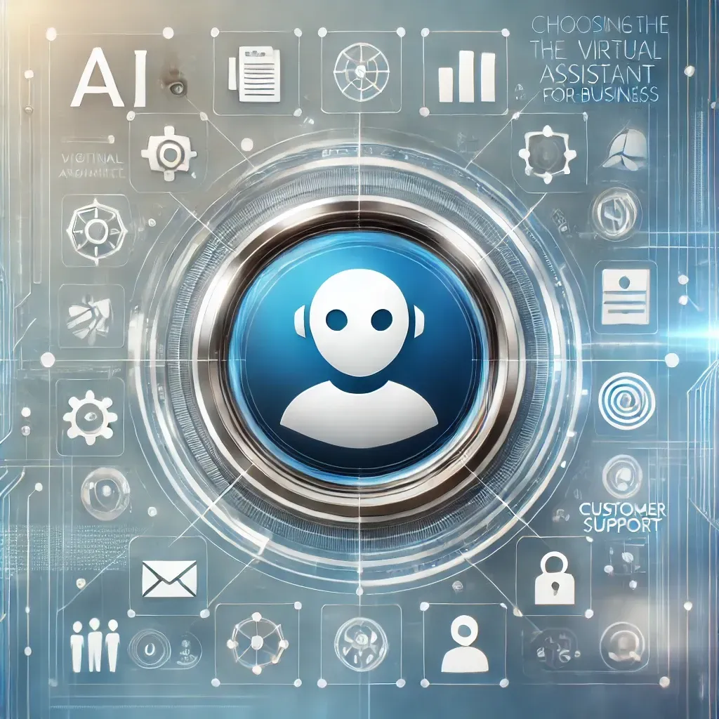 "A visually engaging image depicting a futuristic digital assistant icon surrounded by symbols representing key business functions like communication, scheduling, and customer support. The design features a sleek, tech-inspired background with soft gradients in blue and silver tones, emphasizing innovation and technology. The clean composition is modern and business-friendly, ideal for a technology-focused theme."