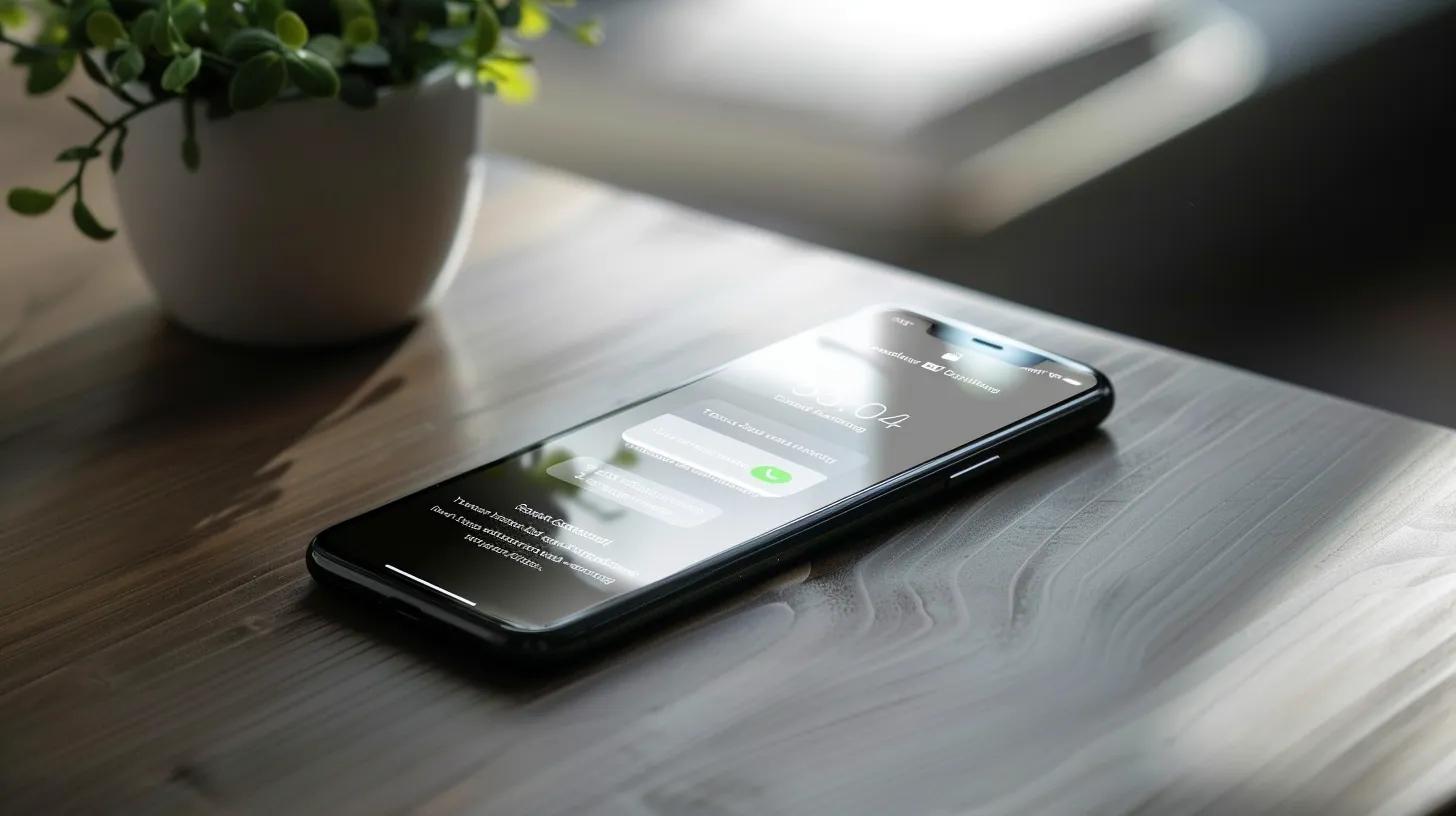 Text message notification on a mobile device, placed on a desk.