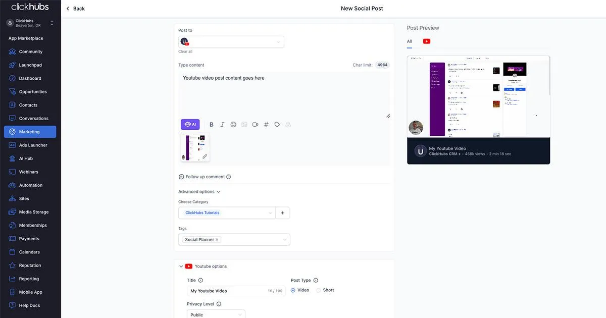 HighLevel (ClickHubs) Social Planner Youtube Upload