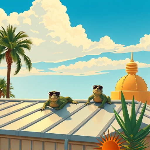Impressionistic blog cover image of a vibrant suburban neighborhood in Jacinto City, Texas, showcasing a variety of homes with distinct thermoplastic polyolefin roofs in various colors. The roofs gleam under the warm Texas sun, contrasting with the lush greenery of well-maintained gardens below. The scene features quirky details such as playful garden gnomes beneath blooming flowers and colorful wind chimes swaying gently from a porch. The background displays a bright blue sky with fluffy clouds, winding streets, and trees in shades of green. The warm color palette of terracotta, forest greens, and azure creates a calm yet lively atmosphere, with impressionistic brush strokes conveying movement and light, embodying a professional yet inviting mood centered on quality roofing and innovative materials.