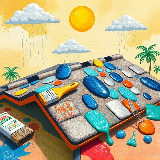 Vibrant Native American art style depiction celebrating silicone roof coatings in West University Place, Texas. The foreground features an ornate roof section with traditional geometric patterns showcasing shimmering silicone coatings under the bright sun. Earthy yet vibrant colors of deep reds, sunlit yellows, and grassy greens create a warm atmosphere. In the background, a serene Texan landscape displays gently rolling hills and a blue sky with fluffy clouds, hinting at the weather resistance of silicone coatings. A playful sun motif with rays as delicate feathers symbolizes protection and resilience, while whimsical birds in traditional styles float above. The scene combines professionalism and creativity, highlighting the unique benefits of silicone roofing. Traditional symbols of strength, like stylized cacti and a small flowing river, illustrate harmony between nature and innovative roofing solutions, with a calming color palette reflecting the durable nature of silicone coatings.