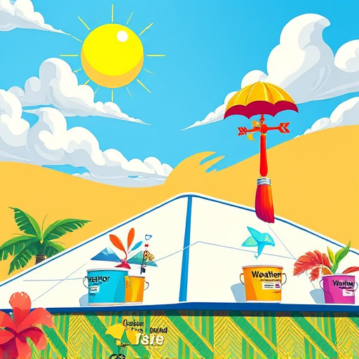 A vibrant street art-inspired cover image depicting the theme of "silicone roof coatings in Alvin, Texas." The central focus is a colorful representation of a roof being coated with slick, shimmering silicone, transitioning from an old, weathered surface to a fresh, glistening finish. Surrounding this image are whimsical elements such as cartoonish sun rays with exaggerated smiles, playful clouds, and soaring birds, symbolizing the protective qualities of the coating. The overall mood conveys innovation and enthusiasm, with the sun representing renewal and durability. In the background, stylized quaint homes of Alvin are shown, adorned with quirky oversized flowers and vibrant greenery, contrasting with the colorful roofs. The artistic style echoes the spontaneous essence of street art, using a bold palette of rich blues, electric greens, and sunny yellows and reds, along with subtle graffiti-style tags that hint at craftsmanship and creativity, creating an eye-catching design that engages viewers.