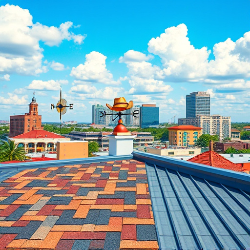 A vibrant PopArt image for a blog cover, depicting a flat-roofed home in El Lago, Texas, under a bright, sunny sky with playful cartoon-style clouds. The scene features a colorful illustration with a large toolbox and oversized tools, including a hammer, paint roller, and measuring tape scattered around the roof, symbolizing DIY repairs. A quirky cartoonish mascot, an anthropomorphic roof tile wearing sunglasses, sunbathes next to a can of bright paint labeled "Texas Blue." The background showcases exaggerated palm trees and vibrant flowers, enhancing the playful yet professional tone. The bold color palette includes blues, sunny yellows, and bright greens, reflecting the Texan climate and inviting homeowners to engage in home improvement.