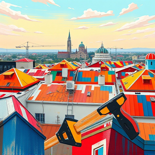Alt text: A visually rich blog cover image depicting "commercial roof replacement in El Lago, Texas." The foreground features an Art Nouveau styled segment of a commercial building with a partially completed roof, showcasing gleaming new metal panels contrasted with rustic Texas architecture, adorned with ornate floral motifs. The scene is illuminated by warm sunlight, conveying a calm and professional mood. A quirky armadillo peeks from behind a stack of roofing materials, adding whimsy. Above, a sky filled with soft, swirling clouds transitions from blue to yellow, reflecting a sunny atmosphere. Distant palm tree silhouettes sway in the background, enhancing the Texan setting. The composition utilizes a rich color palette of warm earth tones, deep greens, and soft golds, encapsulating the essence of professional roofing services with a playful twist.