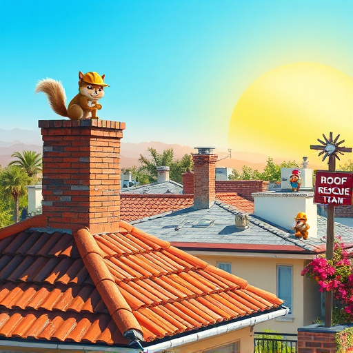 Digital art blog cover image depicting "Flat Roof Repair in Rosenberg, Texas." The scene features a mid-century flat-roofed building under a clear blue sky with fluffy white clouds, surrounded by lush green trees, embodying the warm Texas climate. A close-up of a flat roof showcases tools like a trowel, a bucket of sealant, and a roll of roof membrane, arranged to suggest recent use. A playful cartoonish sun wearing sunglasses peeks from the corner, adding a cheerful touch. The textured rooftop displays cracks and patches with colorful paint splashes symbolizing resilience. The skyline of Rosenberg subtly outlines the background, enhancing the sense of place. The vibrant, earthy color palette reflects the sunny disposition of the region, merging the industrious nature of roof repair with the charm of the Texas landscape.