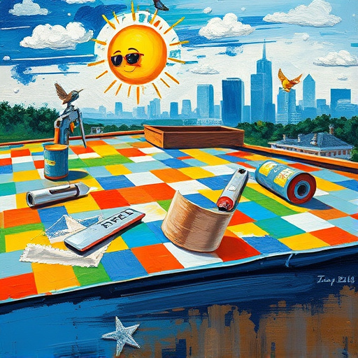 Alt text: A high Renaissance style image depicting flat roof repair in Kingwood, Texas, featuring a slightly aged flat roof adorned with ornate tiles and roofing tools like hammers, nails, and rolls of roofing material. Naturalistic lighting emphasizes the roof's texture on a sunny day, while lush green trees characteristic of the Texas landscape frame the scene. A clear blue sky with fluffy white clouds enhances the inviting atmosphere. Quirky elements include a small armadillo peeking over the roof's edge and a playful squirrel holding a roofing tool, adding personality to the image. The soft golden hues and rich greens create a warm palette, conveying the charm of Texas and the importance of home maintenance.