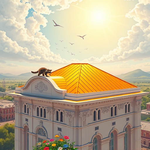 A vibrant ColorFieldPainting of a rooftop scene in Kingwood, Texas, featuring a textured, bright white thermoplastic polyolefin roofing surface glistening under the warm, golden sun. The roofing is surrounded by a lush green canopy of trees, emphasizing the area's natural beauty. The composition conveys professionalism and trustworthiness in roofing materials while showcasing a suburban charm. Playful oversized sunflowers peek from the roof edges, and a whimsical squirrel curiously looks at the viewer from a nearby branch, adding a lighthearted element. The background softly represents the Kingwood skyline in earthy browns and greens with splashes of blue, suggesting a serene sky. The soothing color palette of greens and warm yellows evokes calm and reliability, celebrating modern roofing solutions in a picturesque setting.