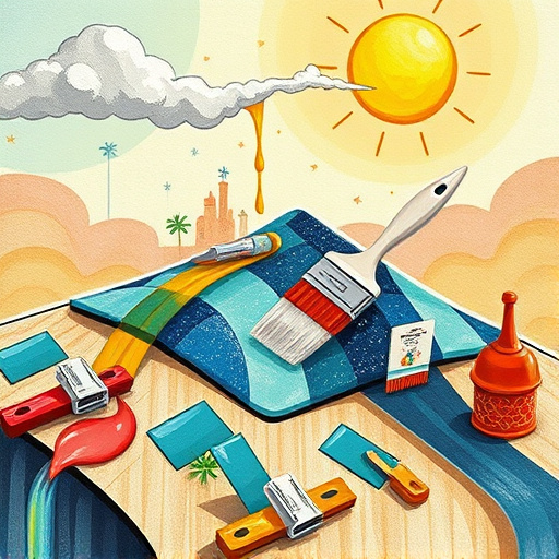 Hyperrealistic image of a rooftop coated with vibrant silicone roof coatings, showcasing the smooth, glossy finish that reflects sunlight against a clear blue sky. A water droplet beads on the surface, illustrating its water-repellent quality. Lush green trees of Missouri City surround the rooftop, with sunlight glinting off their leaves, creating a serene atmosphere. The scene captures playful reflections of local structures in the silicone coating, emphasizing the area's culture. The bright color palette combines tranquil blues, deep greens, and striking white, conveying trust and innovation in roof care while maintaining a professional yet inviting mood.