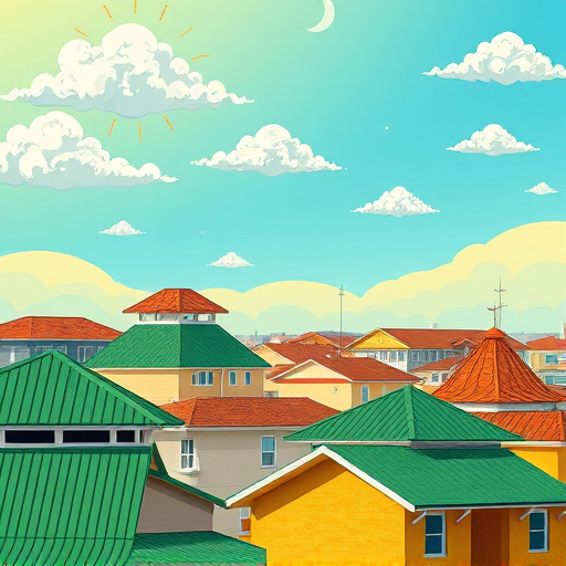 A captivating blog cover image illustrating "thermoplastic polyolefin roofing in Bellaire, Texas." The scene features a sleek, reflective thermoplastic polyolefin roof glistening under the bright Texas sun. Surrounding the building, a picturesque suburban landscape of Bellaire includes charming single-family homes with lush green lawns and vibrant flowering bushes, embodying the warmth and beauty of the neighborhood. The mood is professional yet inviting, conveying reliability and innovation in roofing solutions. Quirky details such as a playful squirrel perched on the roof edge, curiously peeking at a shiny nail gun nearby, hint at ongoing construction work. The background showcases a clear blue sky with fluffy white clouds, enhancing the cheerful atmosphere. The color palette mixes warm earth tones with the sleek silver and white of the roofing material, emphasizing modernity while highlighting suburban life. The image is photorealistic and engaging, capturing the essence of roofing in this Texas locale, with minimal or no human figures included.