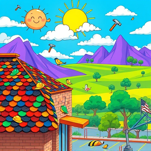 A vibrant and dynamic geometric abstraction for a blog cover image on "commercial roof replacement in Sugar Land, Texas." The image features an aerial view of a commercial building undergoing renovation, with stylized triangular and polygonal shapes representing the roof sections in shades of teal, orange, and warm beige. Playful clouds shaped like tools—hammers and wrenches—drift in a cheerful blue sky, adding a quirky touch. The background includes abstract forms symbolizing the bustling environment of Sugar Land, incorporating hints of local architecture and stylized trees, seamlessly woven into the geometric patterns. This composition balances professionalism with Texas charm, inviting readers to learn more about roof replacements in the area.