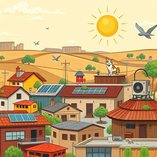 Alt Text: A vibrant Bauhaus-style blog cover image depicting the theme of "Commercial Roof Replacement in Highlands, Texas." The foreground features a geometrically designed commercial building with a shiny blue and silver metallic roof, symbolizing modernity and renewal. Surrounding the building are abstract representations of roofing materials, including angular shapes representing shingles and metal panels. A whimsical crow, perched atop the roof with a toolbox in its beak, symbolizes maintenance. The background showcases stylized clouds and a partially obscured sun, blending warm oranges and cool blues to reflect the Texas sky. The image embodies a professional yet approachable tone, emphasizing the future of commercial roofing with an interplay of light and shadow that enhances depth.