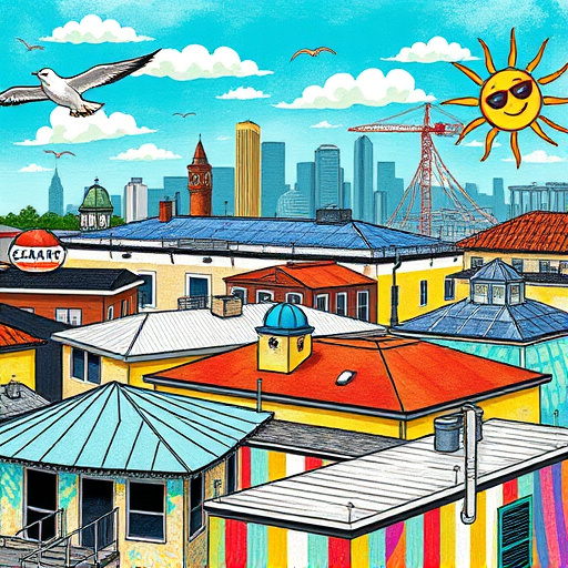 Alt text: A vibrant street art-style blog cover image depicting "commercial roofing systems in Kemah, Texas." The scene features a stylized rooftop landscape showcasing various commercial roofing types, including flat, sloped, and metal roofs, all illustrated with bold colors and playful patterns. Local elements like waves and seagulls capture the seaside ambiance, while abstract representations of Texas landmarks are subtly integrated. The professional yet playful tone is expressed through graffiti-like strokes, with whimsical details of oversized colorful tools and a cartoonish sun wearing sunglasses. The lively background portrays Kemah’s skyline in turquoise, orange, and yellow hues, reflecting a cheerful coastal vibe that combines roofing expertise with artistic flair.