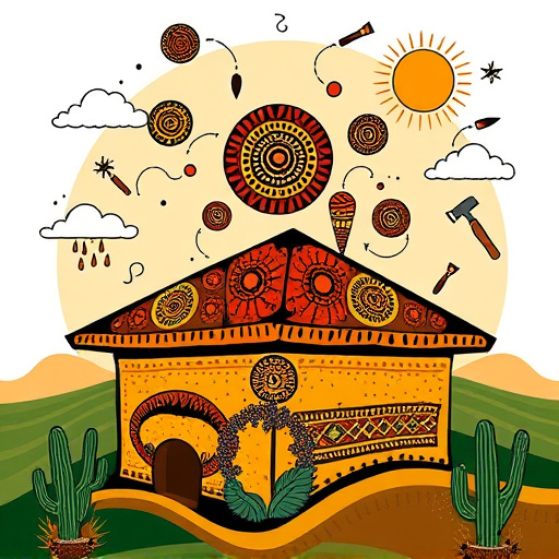 A colorful FolkArt depiction of a sunny day in Bellaire, Texas, featuring a whimsical neighborhood where rooftops shimmer with bright blue and green silicone roof coatings under the sun. Tall pine trees in the background display emerald needles, while vibrant flowers in the foreground add playful color touches. The scene conveys a serene yet upbeat mood, with quirky details like birds curiously perched on glossy rooftops and fluffy clouds floating overhead. The charming houses showcase unique architectural designs and DIY-themed elements, such as oversized paintbrushes and sparkling tools, emphasizing the innovative use of silicone coatings for home protection. The warm and inviting color palette combines sunny yellows, gentle oranges, and deep blues, celebrating the spirit of Bellaire and the importance of safeguarding homes from the elements.
