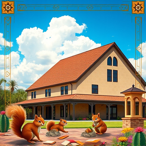 Vibrant abstract representation of flat roof repair in Galena Park, Texas, featuring a lively rooftop landscape with swirling shapes and bold colors. The illustration captures roofing materials like shingles and tar through thick brushstrokes and splashes of paint, embodying the essence of construction without human figures. The light and optimistic mood utilizes warm hues of orange and yellow alongside cool blues and greens, symbolizing renewal and hope. Quirky elements such as whimsical squirrels inspecting tools and oversized flowers emerging from rooftop cracks add character, reflecting creativity found in community projects. The background transitions from a stylized skyline of Galena Park to abstract forms evocative of clouds and sunshine, enhancing the vibrant neighborhood atmosphere in summertime. The composition is energetic and adventurous, inviting engagement with home improvement themes and celebrating the quirky beauty of daily life.