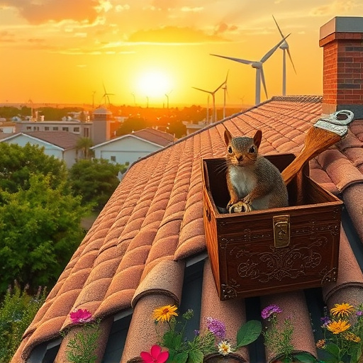 A hyperrealistic blog cover image depicting flat roof repair in Conroe, Texas. The foreground features a well-maintained flat roof made of shiny, freshly installed materials like TPO or rubber. Surrounding the roof is lush greenery, complemented by Texan architecture, showcasing brick and wood homes. The background presents characteristic elements of the Texas landscape, including a bright, sunny sky, enhancing the vibrant and inviting feel. Whimsical details such as a curious armadillo peeking from beneath a shrub and a playful bluejay perched on a fence add liveliness to the scene. The color palette features warm, earthy tones—rich greens, terracotta, and bright blues—capturing the relaxed Texan vibe. The image highlights the intricate textures of the roofing materials and natural elements, creating a visually engaging cover that conveys professionalism while infusing a hint of charm.