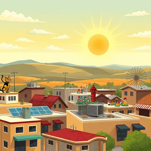 A surreal landscape depicting commercial roofing systems in Dayton, Texas, featuring whimsical rooftops shaped like giant sombreros, oversized book covers, and floating cloud-like structures. The vibrant scene showcases bright blue and rusty red colors, creating a playful atmosphere. An exaggeratedly grinning sun casts a golden glow over the cityscape, while animated shingles appear to dance on a wavy street made of textured clay tiles. In the foreground, colorful oversized tools like wrenches and hammers lean against a twisted ladder spiraling into the sky, symbolizing endless possibilities. Lush, oversized flowers sway in the gentle breeze, their petals mirroring the sun's profound hues, adding vitality to the scene. Playful birds with patterned feathers flutter around, engaging with the imaginative rooftops. The dreamy color palette combines soft pastels and rich tones, evoking creativity and inspiration in the roofing industry while maintaining a light-hearted tone.
