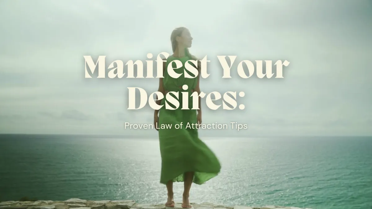 The image features a woman in a flowing green dress standing by the seaside, gazing out towards the horizon under an overcast sky. The scene conveys a sense of peaceful introspection and connection with nature.