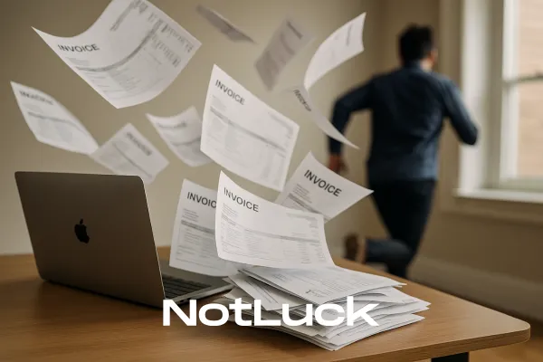 A stack of invoices and a silver Apple laptop sit on a wooden desk as loose invoices scatter into the air. In the background, a man in business attire is seen running toward a window, suggesting urgency or avoidance. The word 'NotLuck' is overlaid in bold white text.