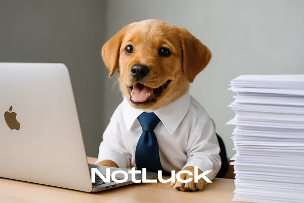 Golden retriever puppy in a business suit sitting at a desk with a laptop and paperwork, symbolising how training AI is like training a puppy — making automation and artificial intelligence approachable for small business owners.