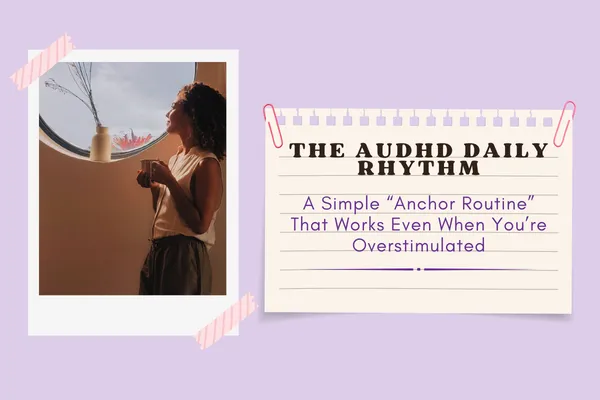 Woman staring out the window with a cup of tea in Polaroid picture. Title of the blog is on a piece of note paper