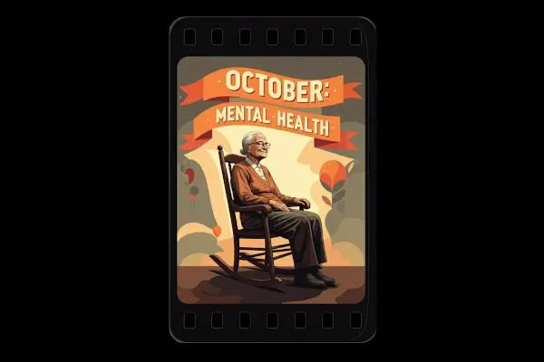 An elderly lady sits in a rocking chair with a ribbon above her head displaying the words "October: Mental Health"