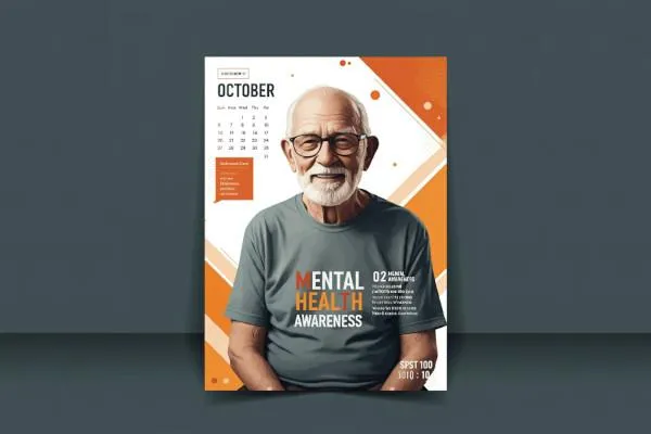 Piece of artwork depicting an elderly gentleman sitting with an orange calendar behind him depicting the month of October