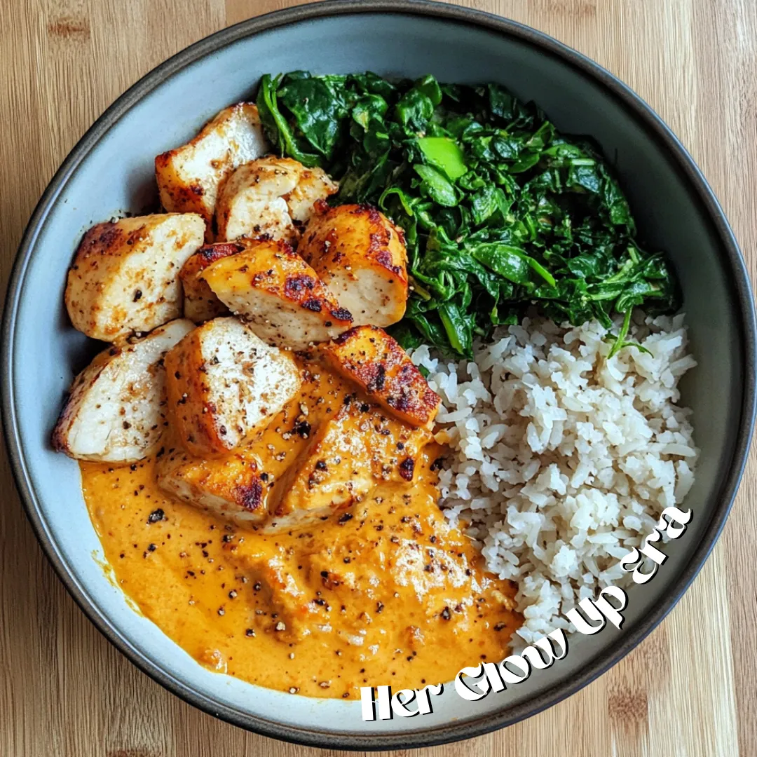 Grilled Chicken with Creamy Tomato Sauce, Spinach, and Rice