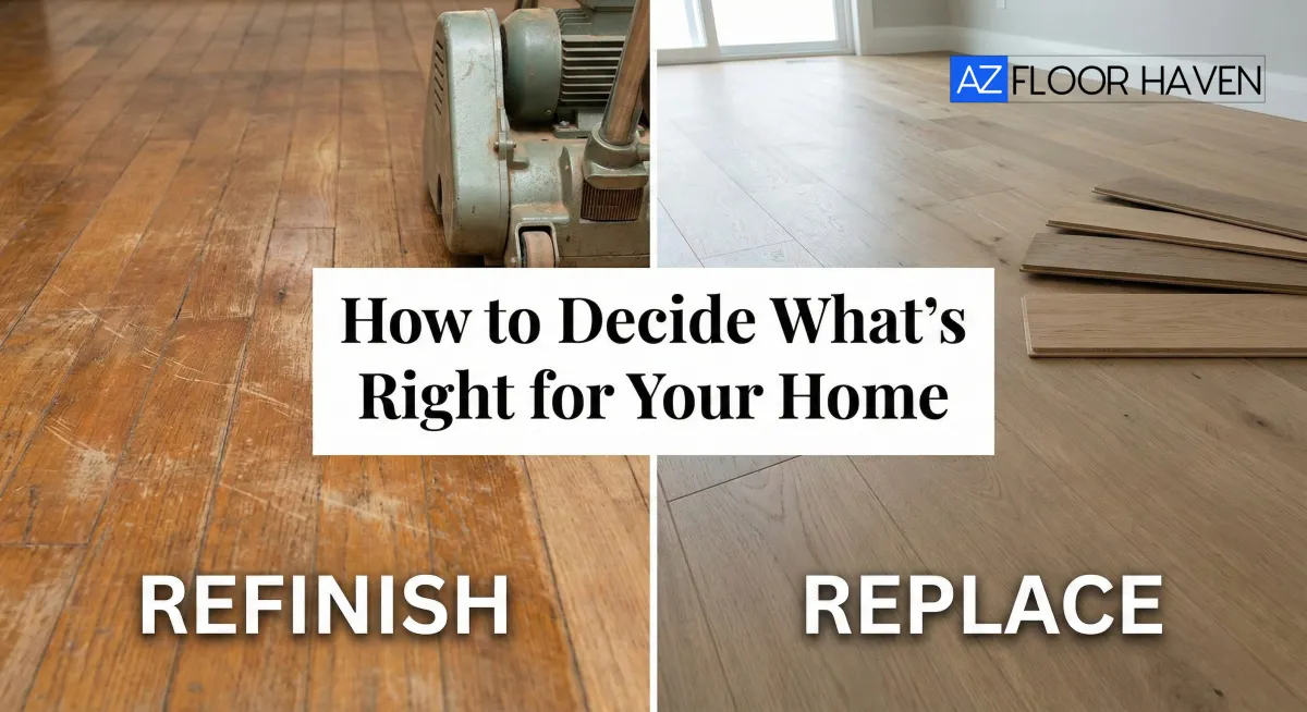 Split screen comparison image showing an old floor being refinished with a sander versus a new wide plank wood floor installation with samples.