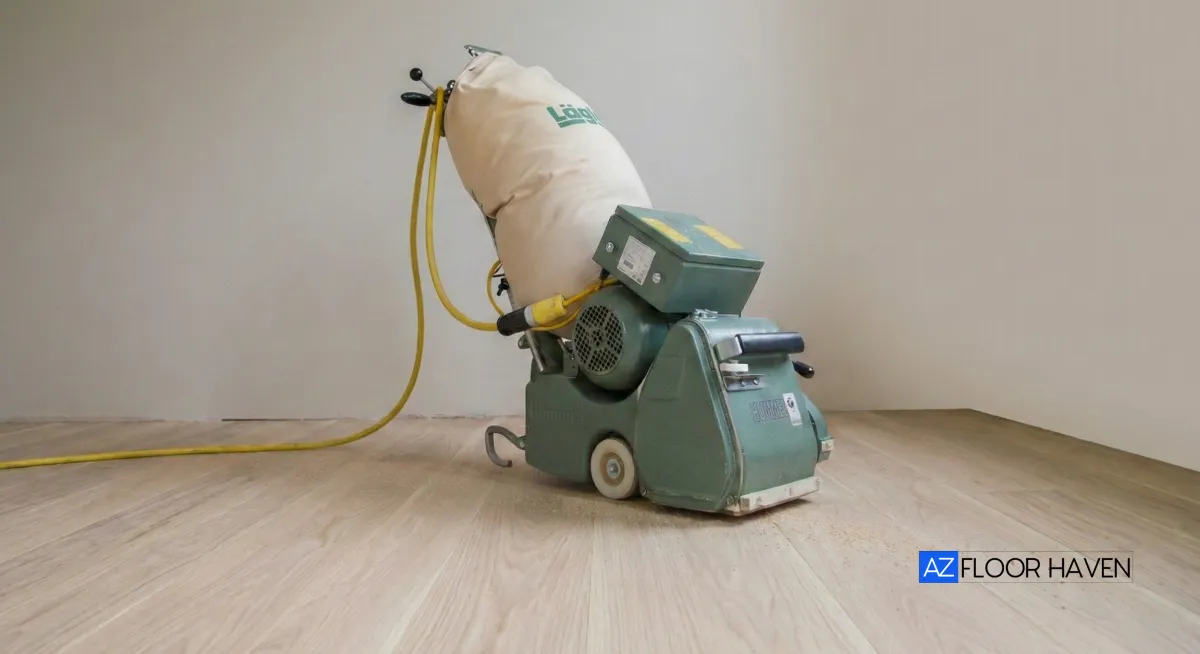 Green floor sander machine on raw white oak strip flooring during a historic restoration project in Tucson.