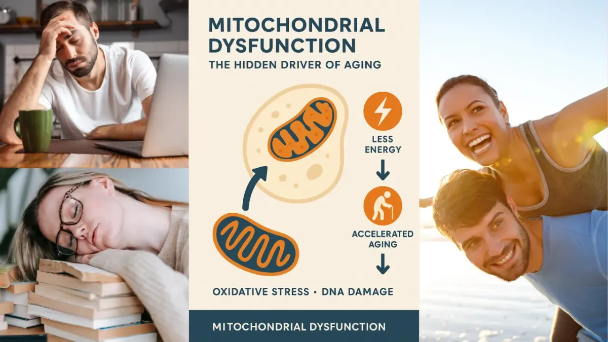 Infographic on mitochondrial dysfunction showing how it leads to less energy and accelerated aging through oxidative stress and DNA damage. Includes images of a tired man, a fatigued woman, and a happy, active couple outdoors representing vitality.