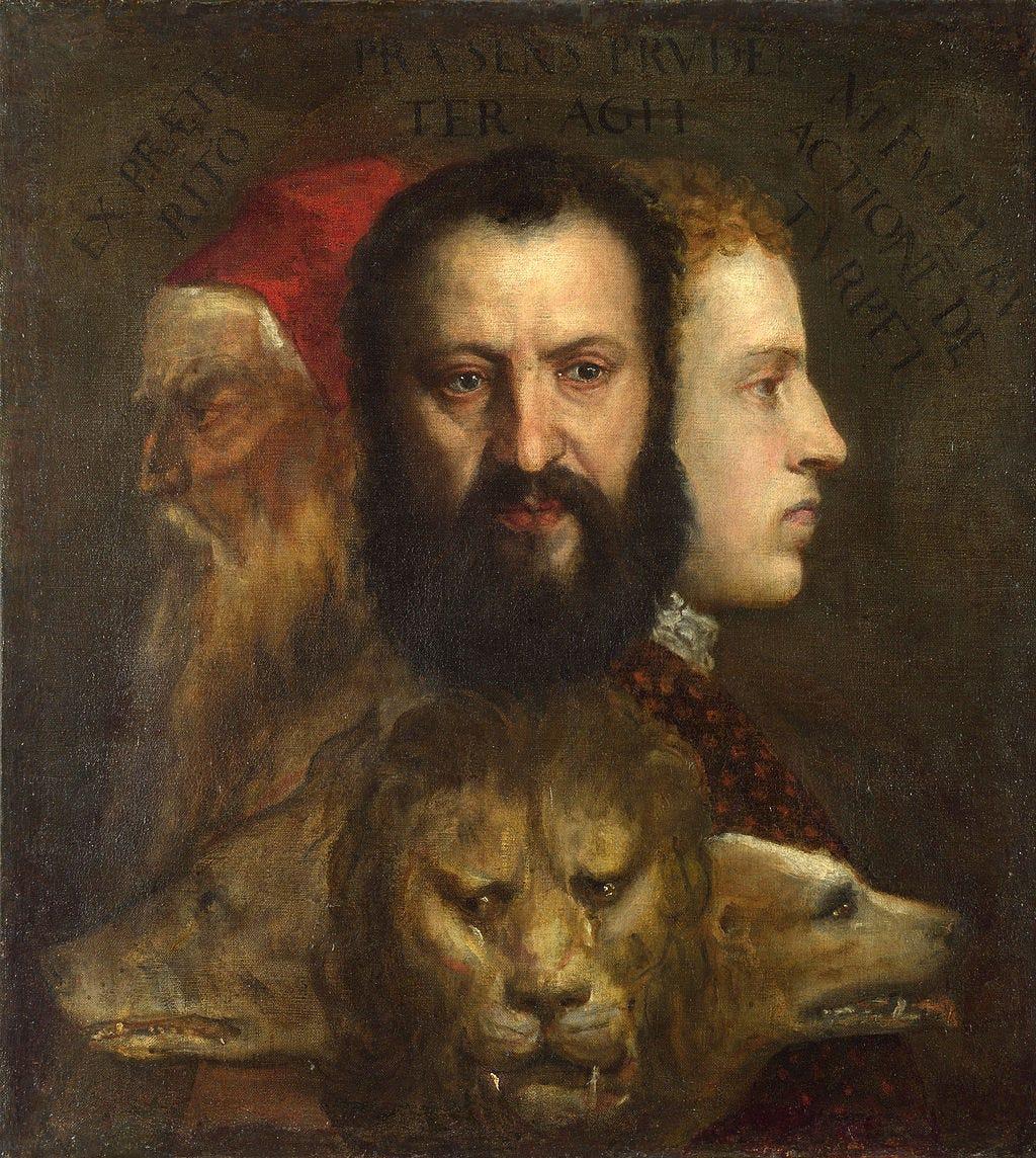 Renaissance painting depicting three men's profiles and two animal heads. Center: bearded man. Left: elderly man with white beard. Right: young man in profile. Below: lion and dog heads.