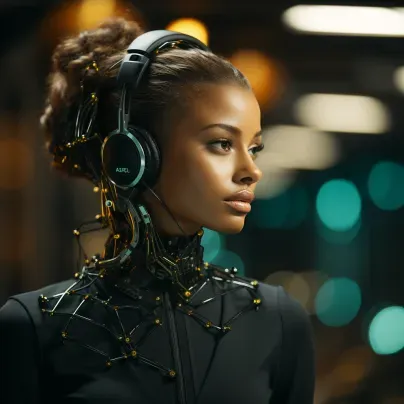 Futuristic humanoid robot in a black and green themed tech environment.